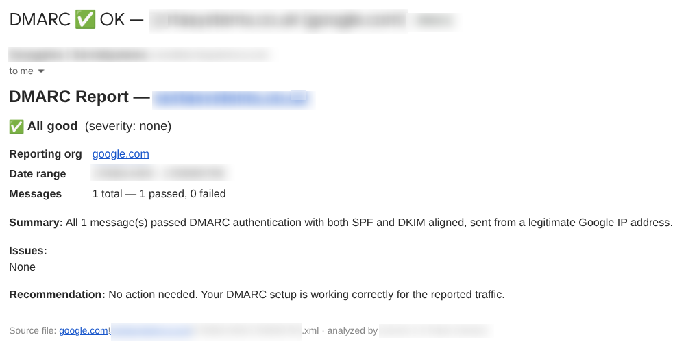 Redacted final DMARC digest email showing an all-clear report
