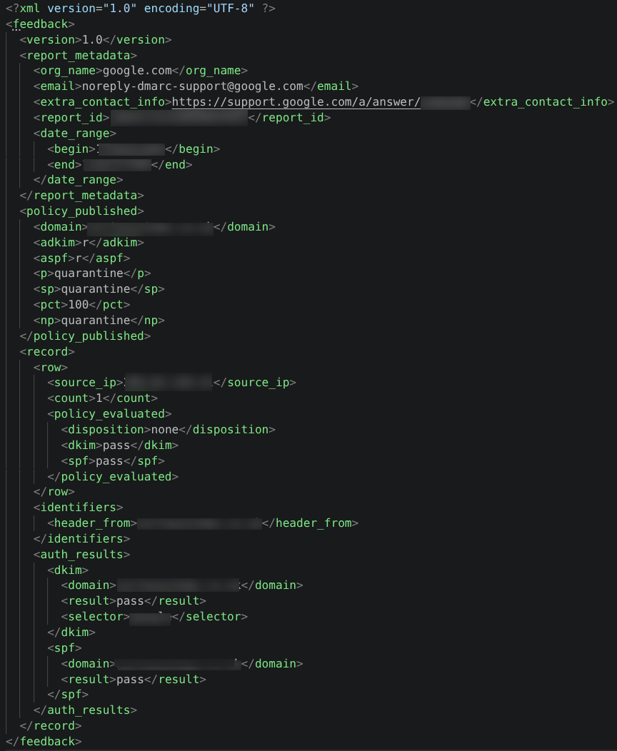 Redacted DMARC aggregate XML report after extraction