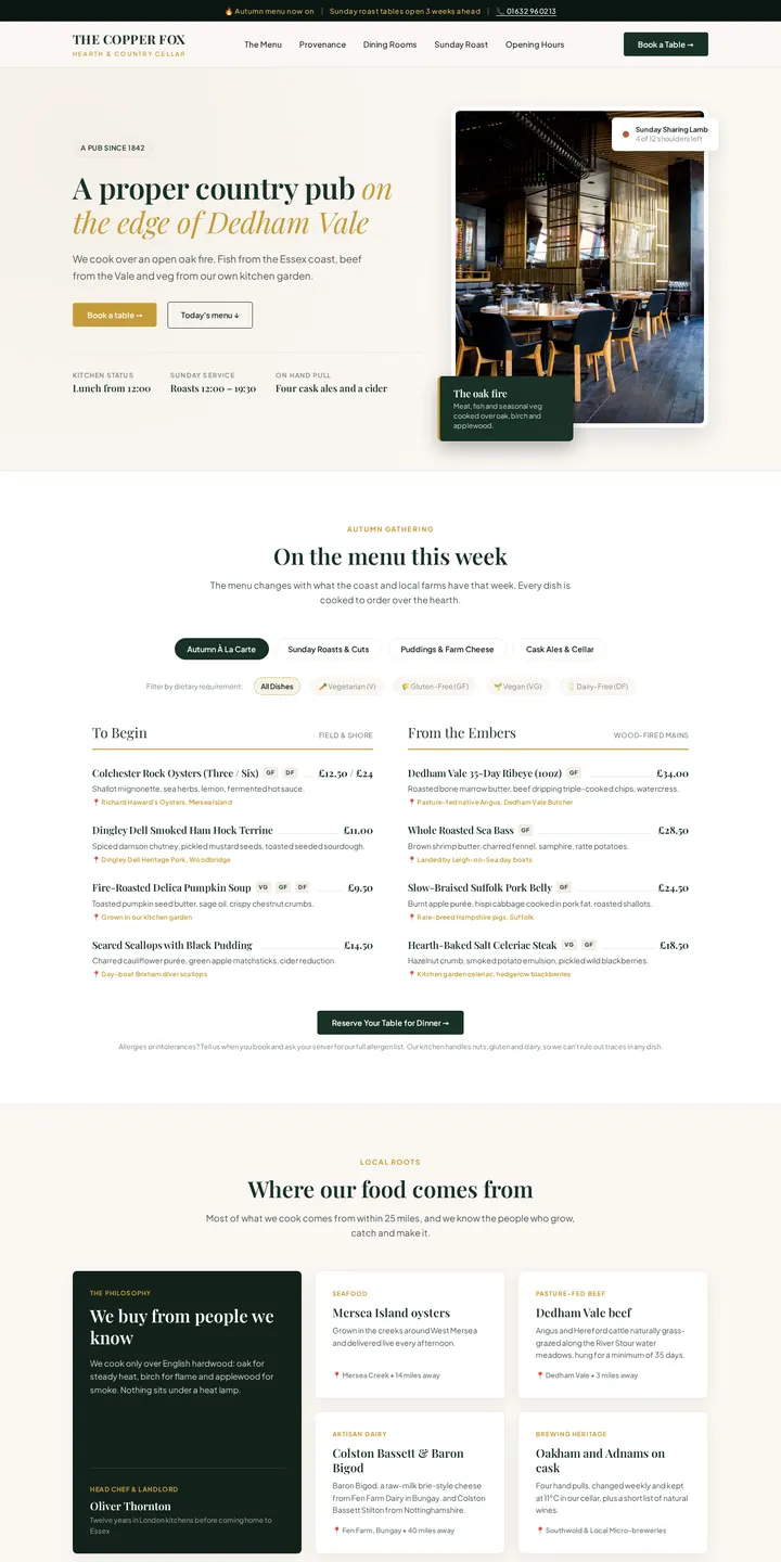 The Copper Fox country gastropub website scrolling on desktop and mobile