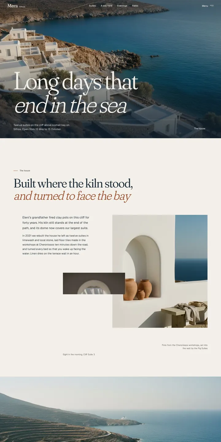 Mera Sifnos boutique hotel website scrolling on desktop and mobile