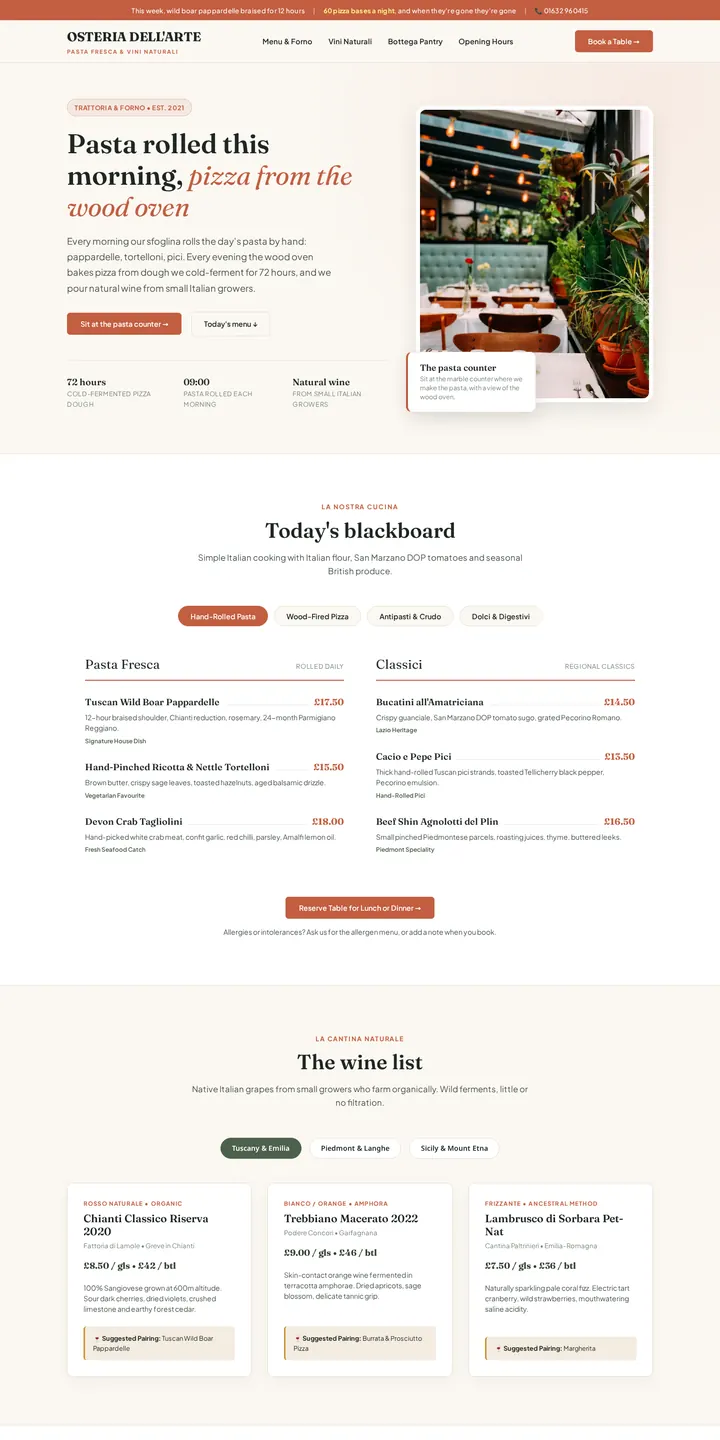 Osteria Dell'Arte Italian restaurant website scrolling on desktop and mobile