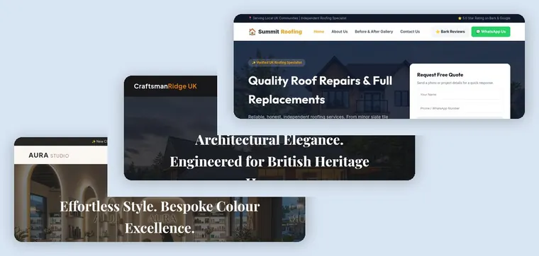 Three of the trade website concepts, stacked: a salon, a heritage roofer and an independent roofing site