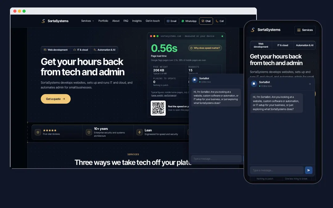 The SortaSystems chat assistant open on a laptop and a phone
