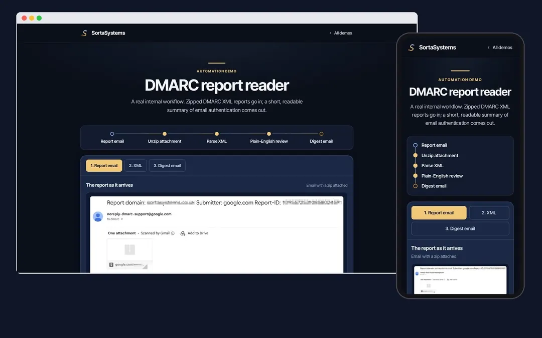 The DMARC report reader walkthrough on a laptop and a phone