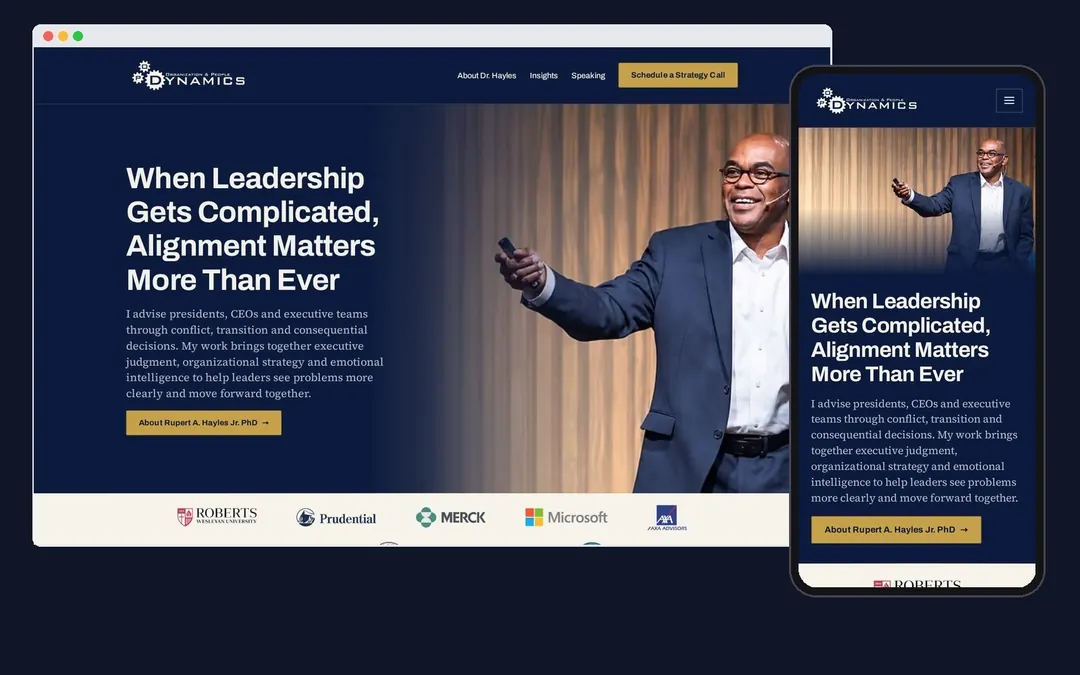 OP Dynamics home page on a laptop and a phone, with Dr Rupert A. Hayles Jr. speaking on stage
