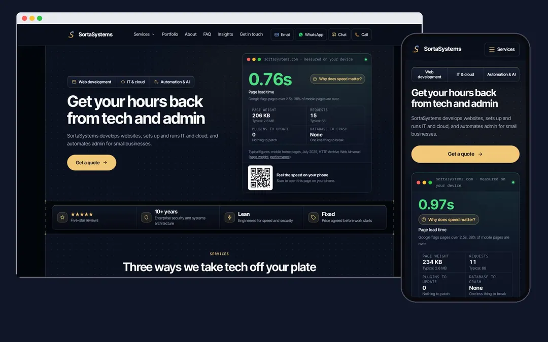 sortasystems.com home page on a laptop and a phone, with the live speed reading