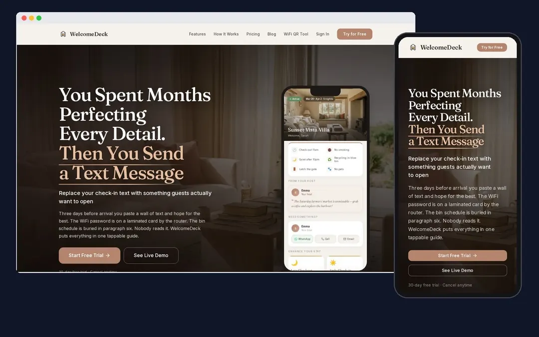 WelcomeDeck landing page on a laptop and a phone showing a guest guide