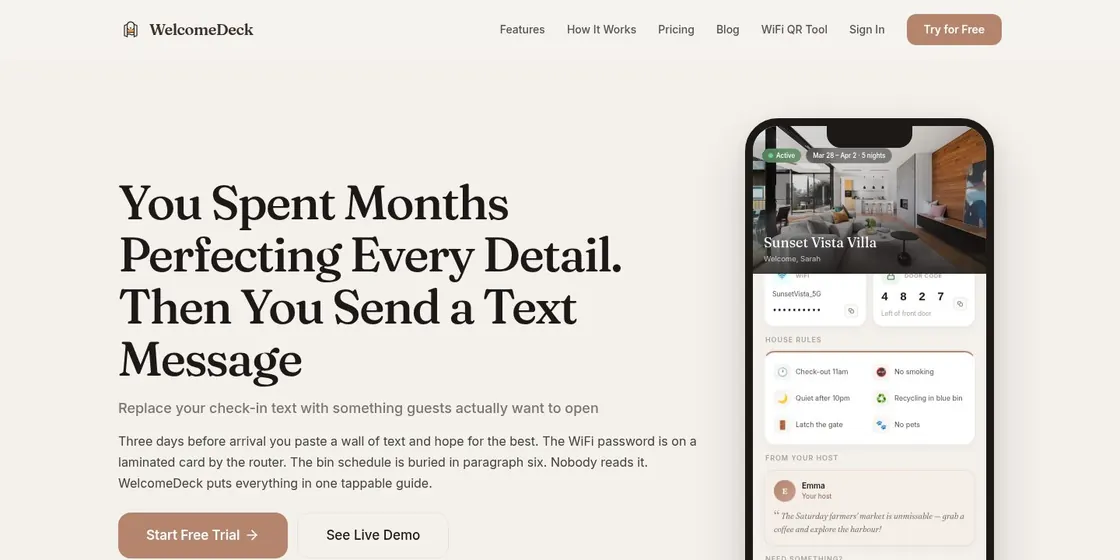 WelcomeDeck landing page with a phone showing a guest guide